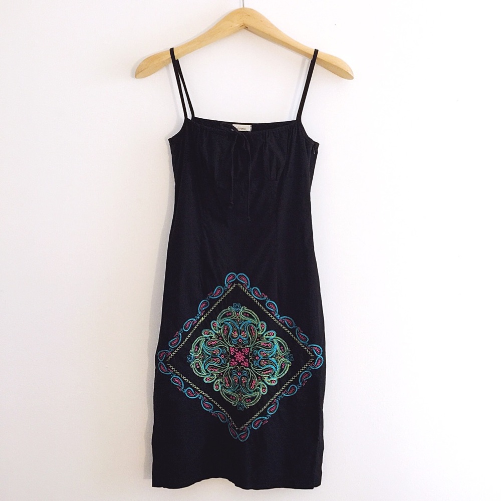 Black dress with embroidered design, size 2